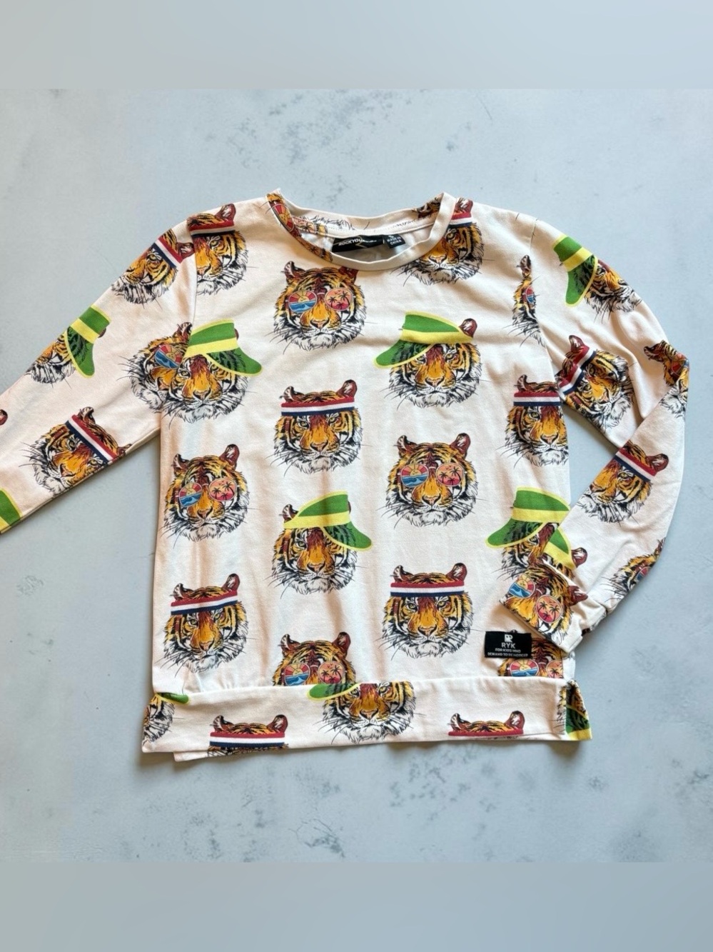 RockYourKid | Cream Long Sleeve Top with Colorful Tiger Print | Thumb Holes | 5